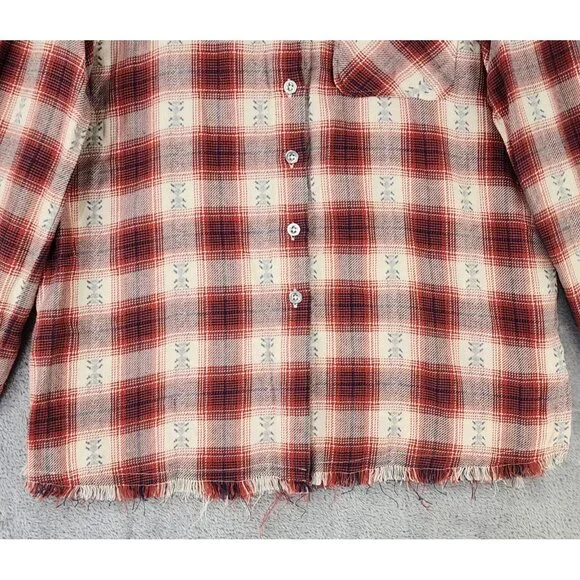 Idyll Wind Shirt Womens Large Red Cream Plaid Flannel Beaded Fringed Western Top - Picture 7 of 14